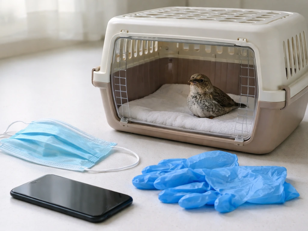 Wild bird in a covered transport box with gloves and a phone nearby for urgent vet or wildlife help.