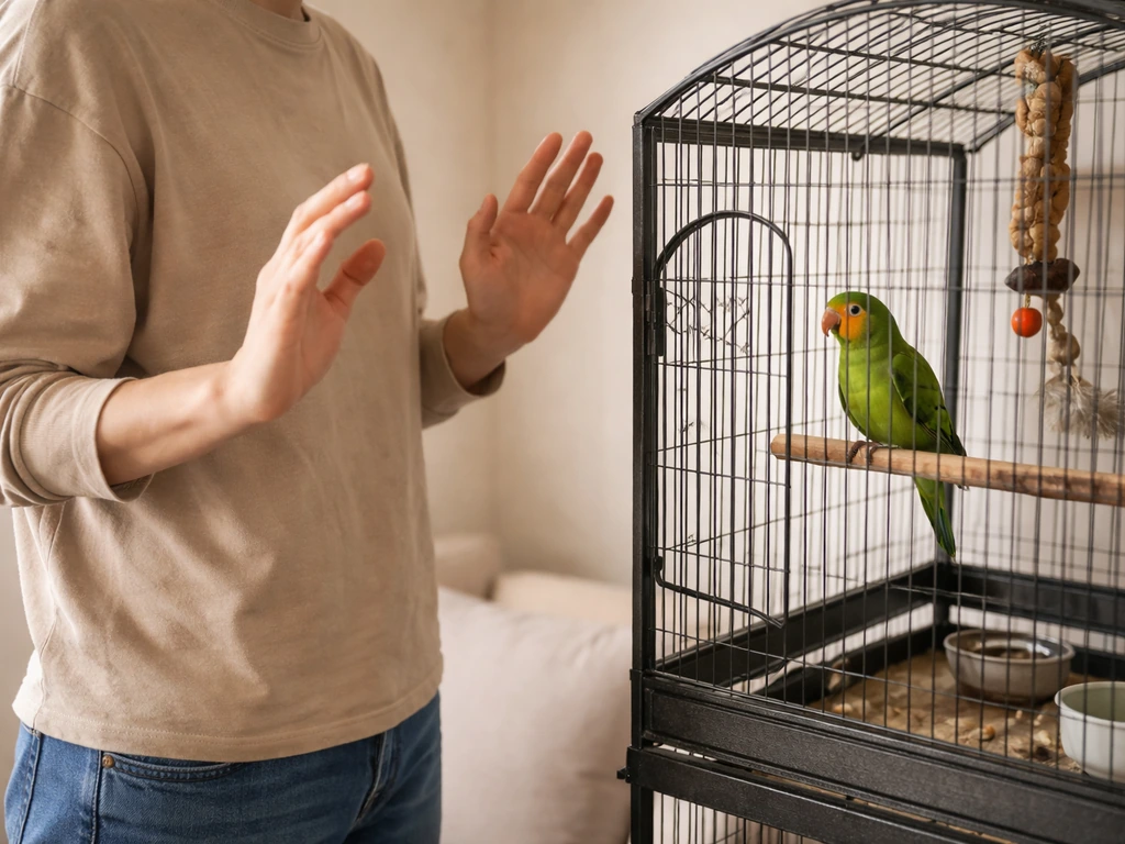 Person calmly backing away with hands visible near a pet bird’s cage door