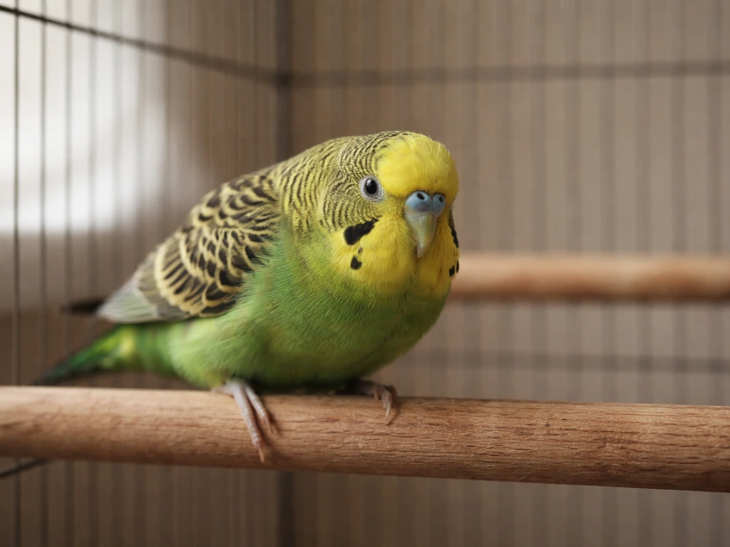 Small pet bird in a home cage showing fearful body language with flattened feathers and crouched posture.