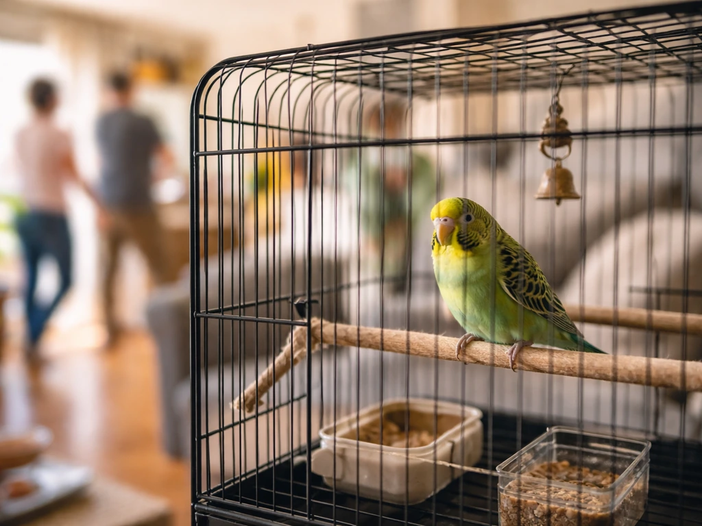 Stressed parrot in its cage in a busy, noisy living room with blurred people in the background.