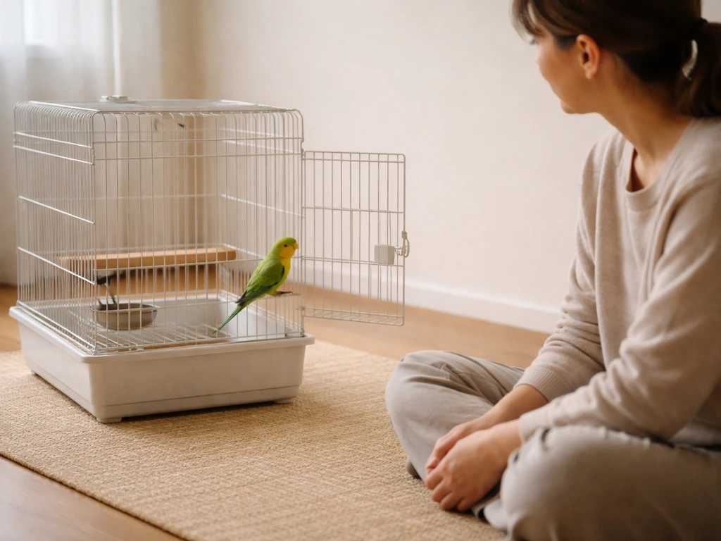 Caregiver sits calmly beside an open cage entrance, bird perched nearby as trust is built step by step.