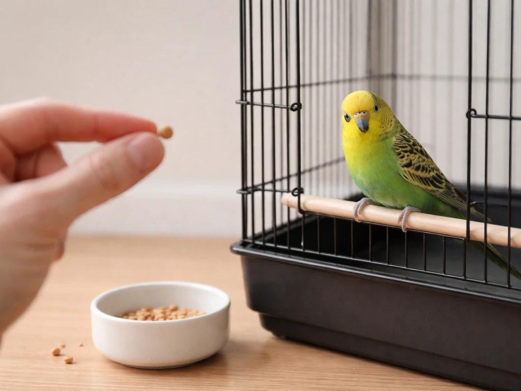 Close-up of a small pet bird near a cage as a hand holds a treat farther away at a safe distance