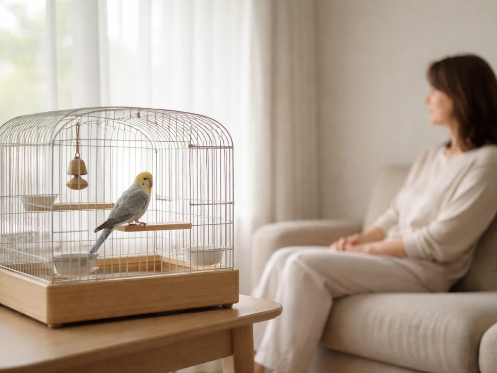 Calm living-room scene with a person at a safe distance observing a small pet bird in its cage