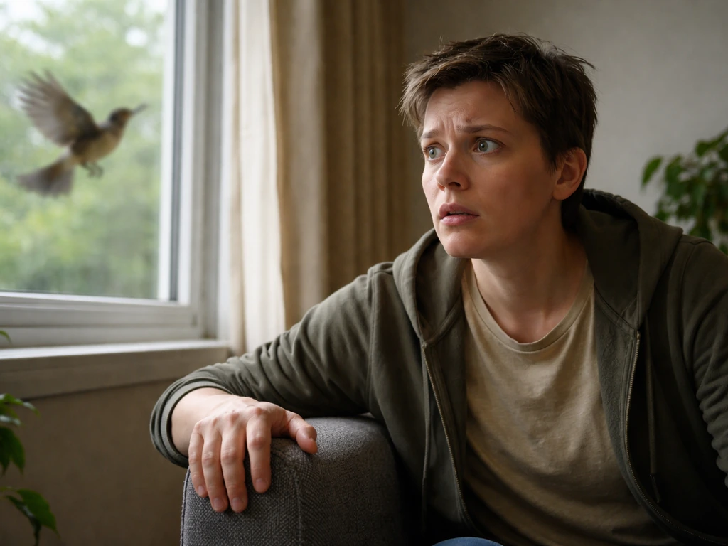 An anxious person in a quiet room shows visible stress cues as a bird flaps near a window.