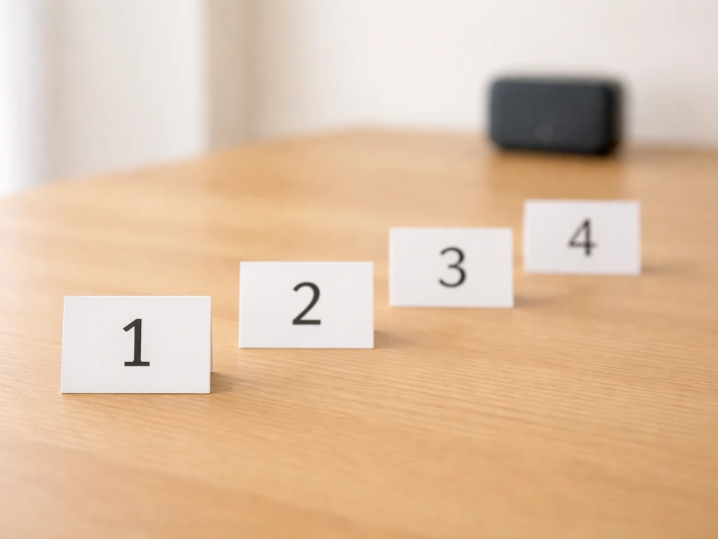 Minimal photo of numbered blank index cards on a wooden table suggesting a step-by-step exposure ladder.