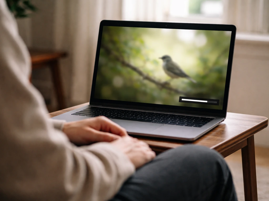 Close-up of a laptop playing a blurred bird video, viewer seated at ease, calm indoor lighting.