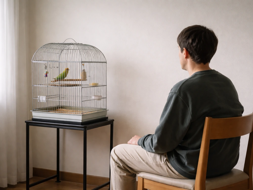 Calm person seated near a closed bird cage with a chair slightly closer, step-by-step proximity