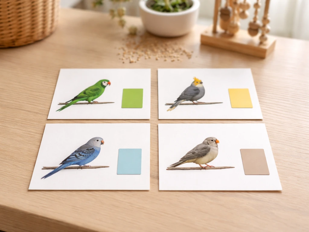 Minimal board showing four pet bird silhouettes/cards with color swatches for parrot, cockatiel, budgie, and finch.