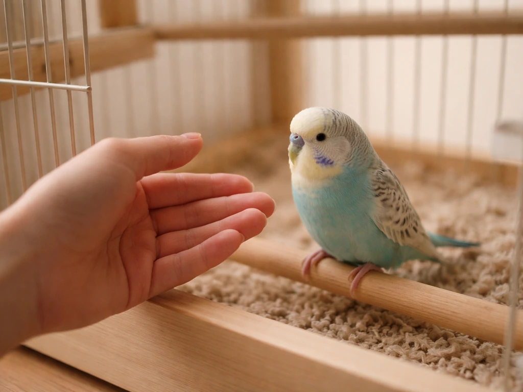 A calm hand gently touching a relaxed pet bird at cage height in natural light.