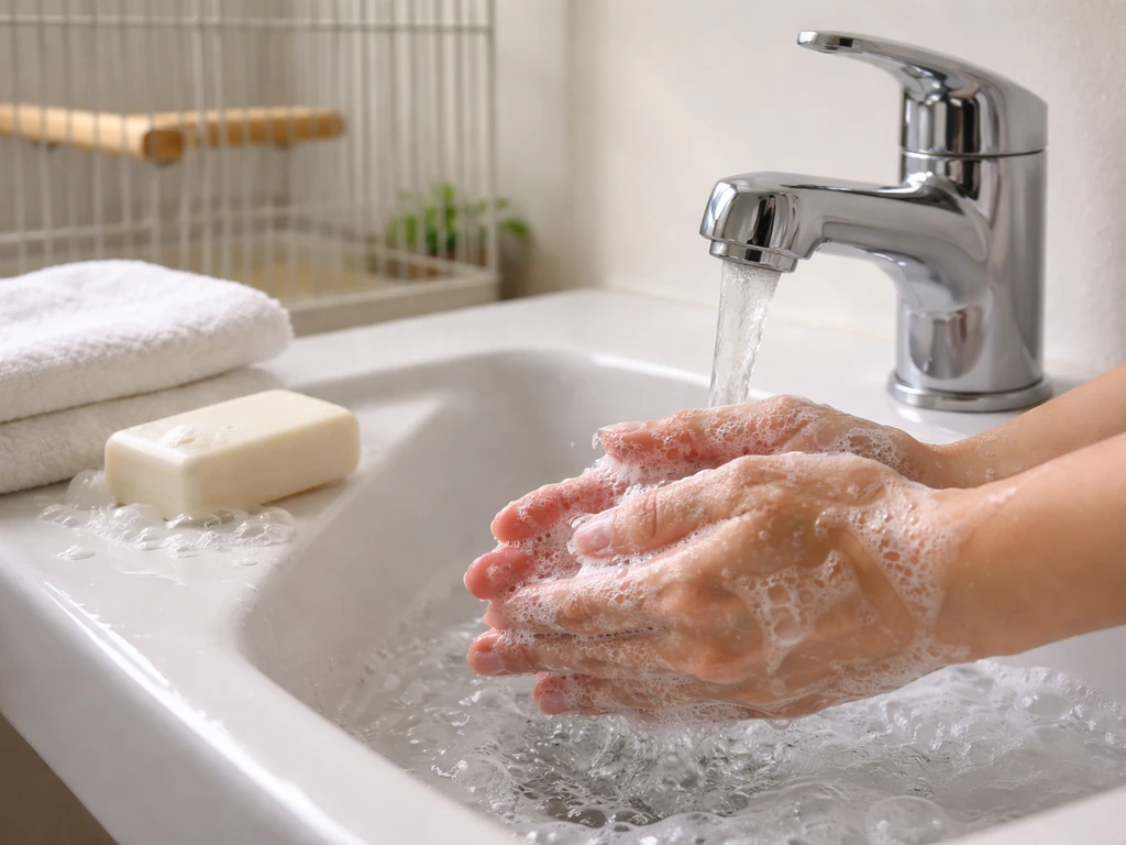 Close-up of handwashing setup with soap and water beside a simple bird perch area, hygiene-focused