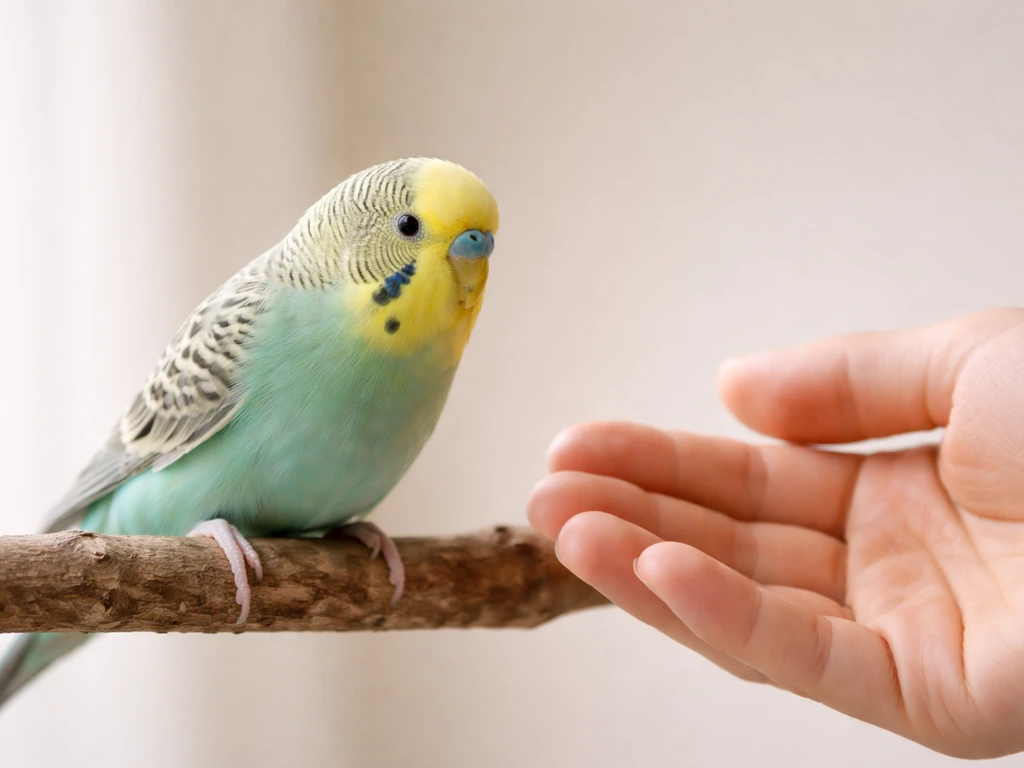 Calm bird with smooth feathers and bright eyes perched near a still human hand in natural light.