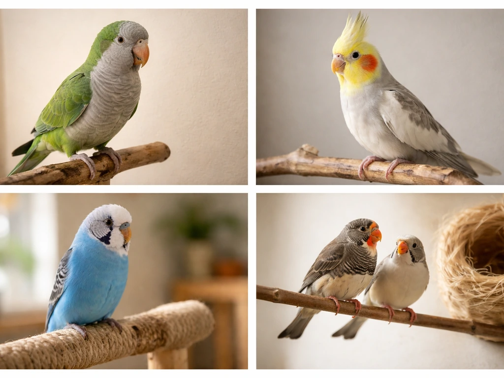 Montage of four pet birds—parrot, cockatiel, budgie, and finch—each perched on a simple stand indoors.