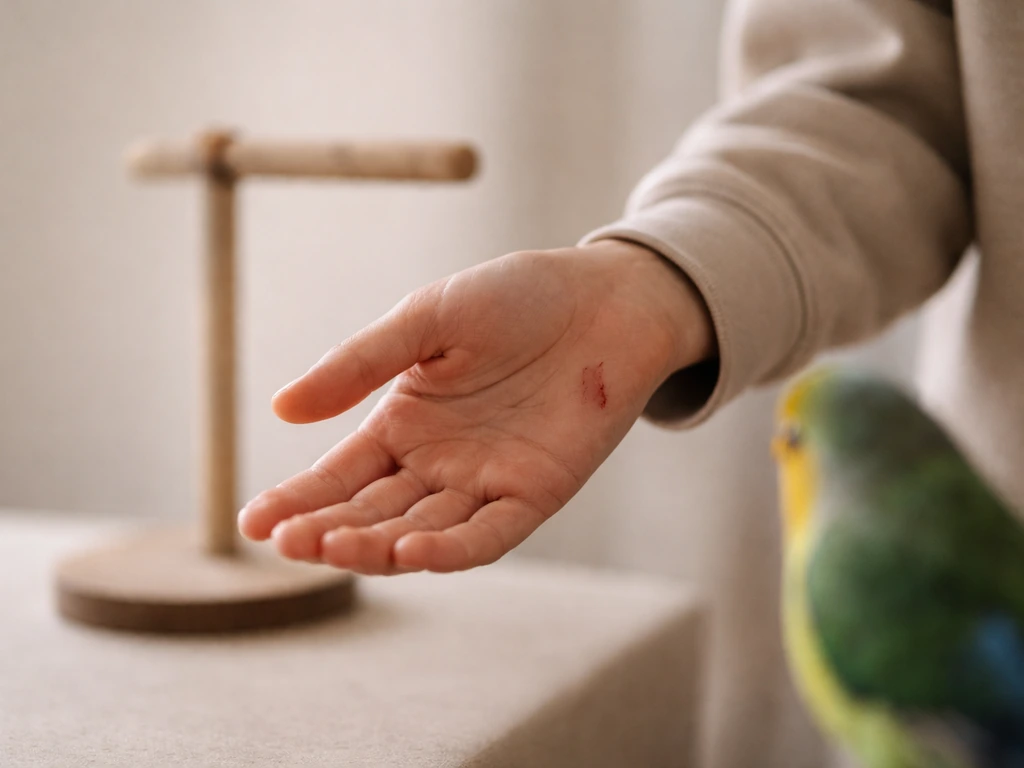 Anonymous hand held low and still, turned sideways away while a parrot appears at the edge of frame.