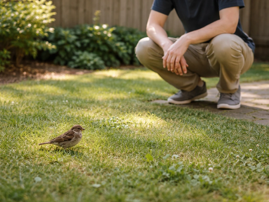 Person crouches nearby at a safe distance, calmly observing a small wild bird in a quiet yard.
