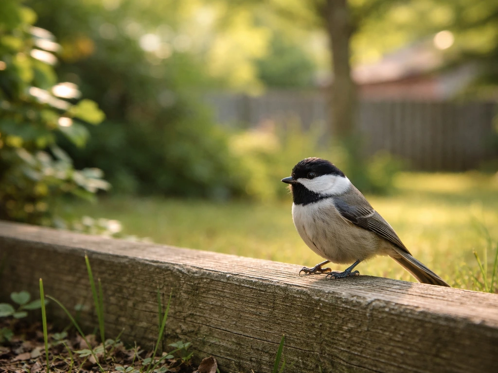Small wild bird perched on a fence rail in a quiet yard, photographed from a safe distance.