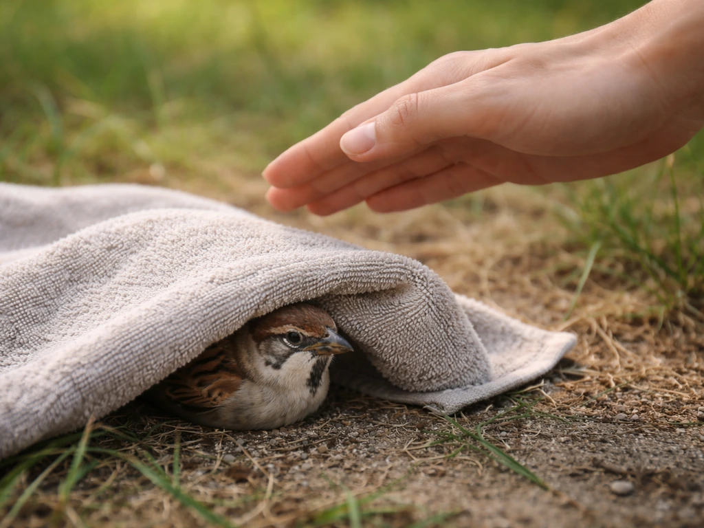Close-up of an open hand near a towel-covered injured wild bird on the ground, with a clear “don’t feed” choice.