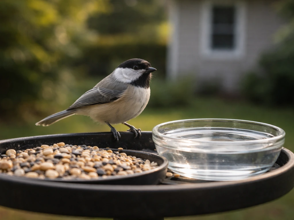 Small wild songbird perched near a backyard feeder with a water dish, windows far behind