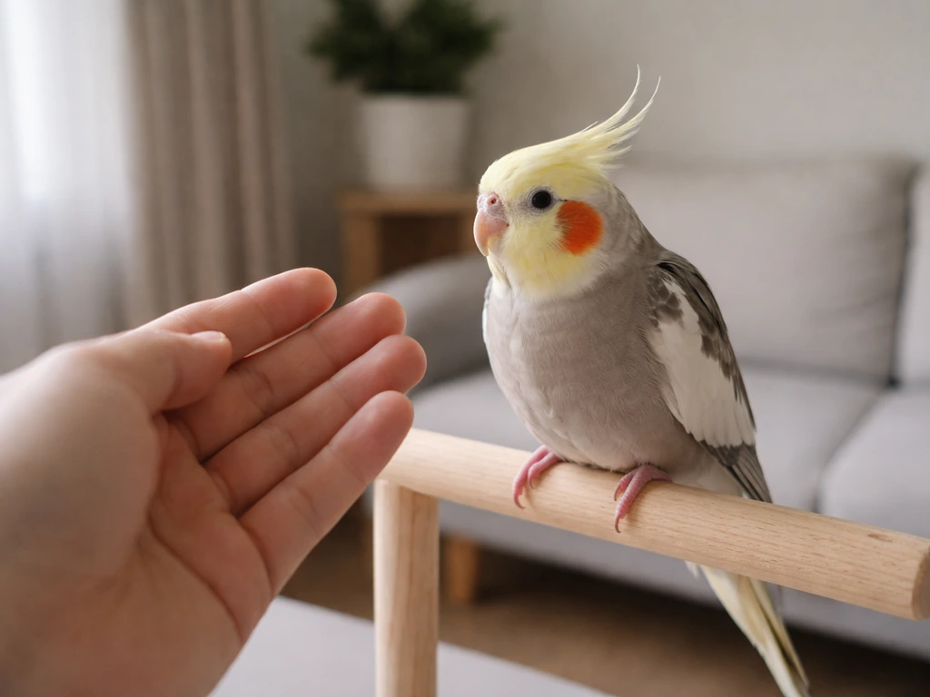 A cockatiel calmly perches near a relaxed open hand during gentle, consent-based training.