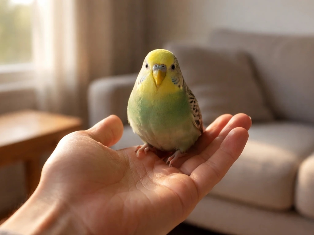 A small pet bird calmly perched on a hand in a warm, safe home environment