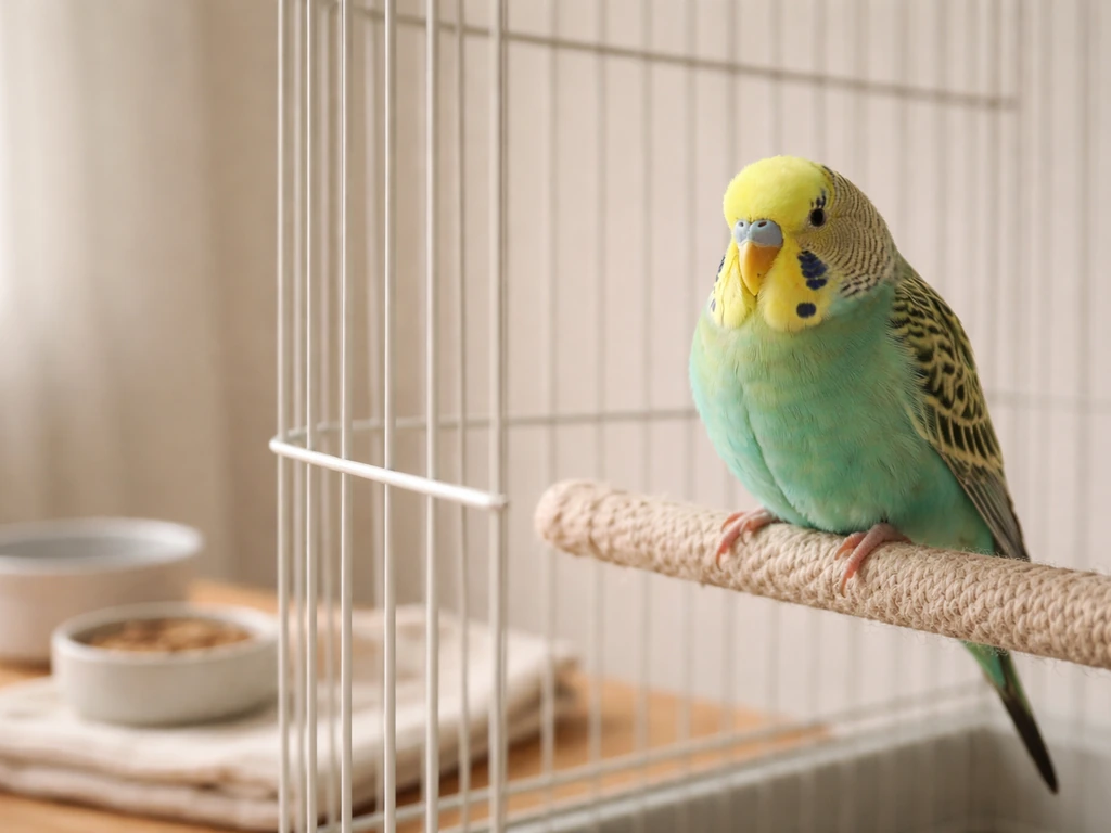 A small companion bird in a quiet cage with simple bowls nearby, suggesting welfare checklist cues.