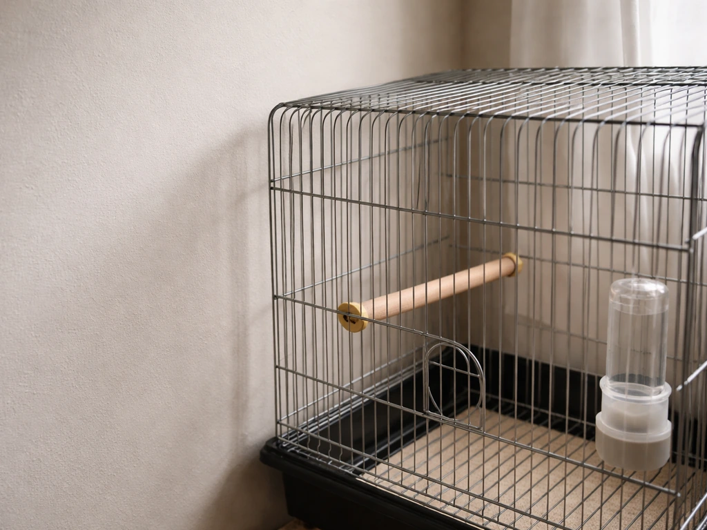 Close-up of a companion bird cage positioned beside a solid wall for security and calm.