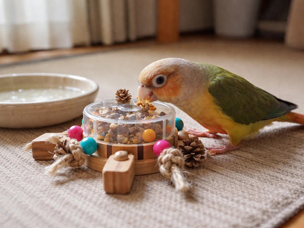 A small pet bird forages with a toy next to a shallow bath dish, with droplets in natural light.