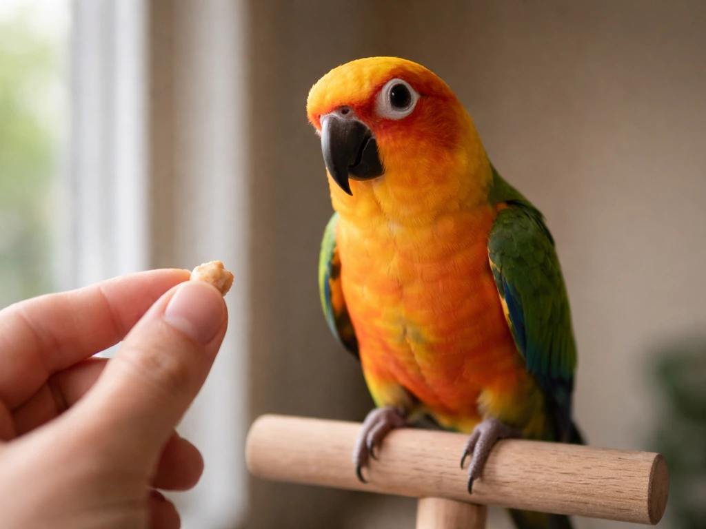 Person’s hand offering a treat to an attentive small parrot in a calm home setting
