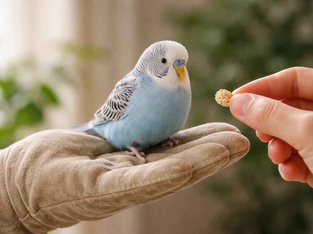 A calm pet bird perched on an open gloved hand with a treat nearby for a safe, humane hand-off.