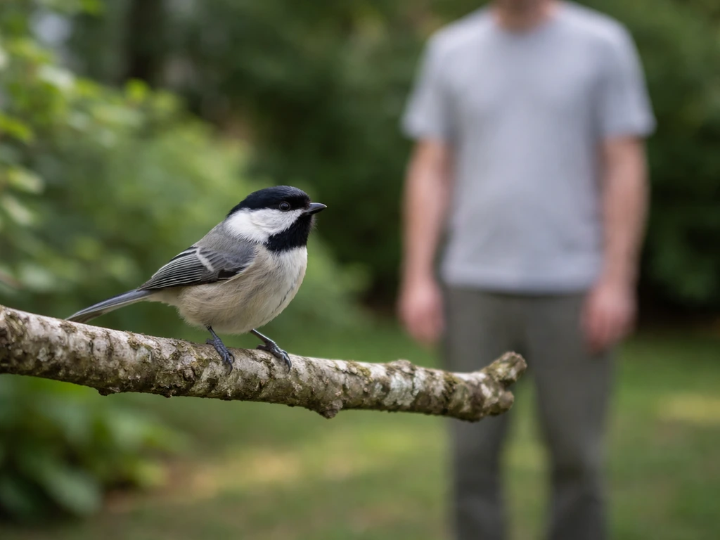 A small bird perched nearby while a person keeps distance, observing safely without touching.