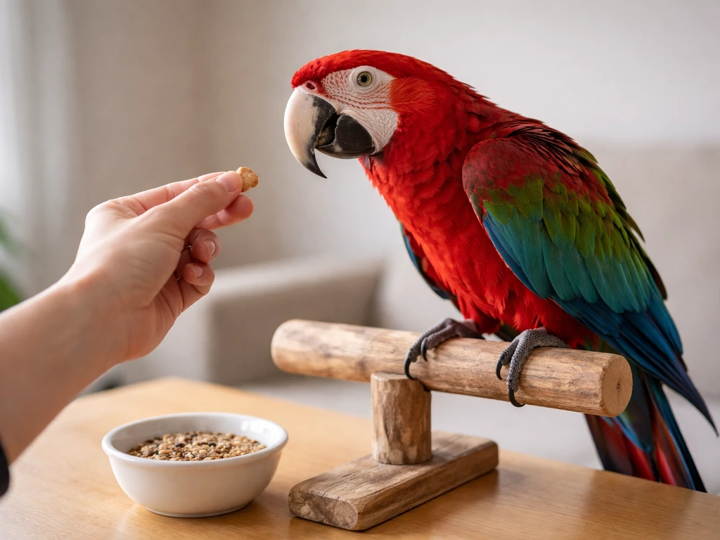 A parrot perched while a side-on hand offers a small treat in a quiet home setting.