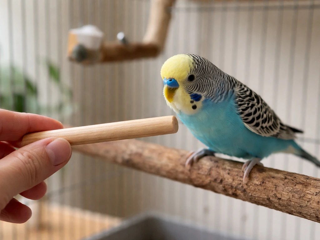 A small budgerigar perched beside a wooden training dowel, with one calm hand holding the dowel for step-up