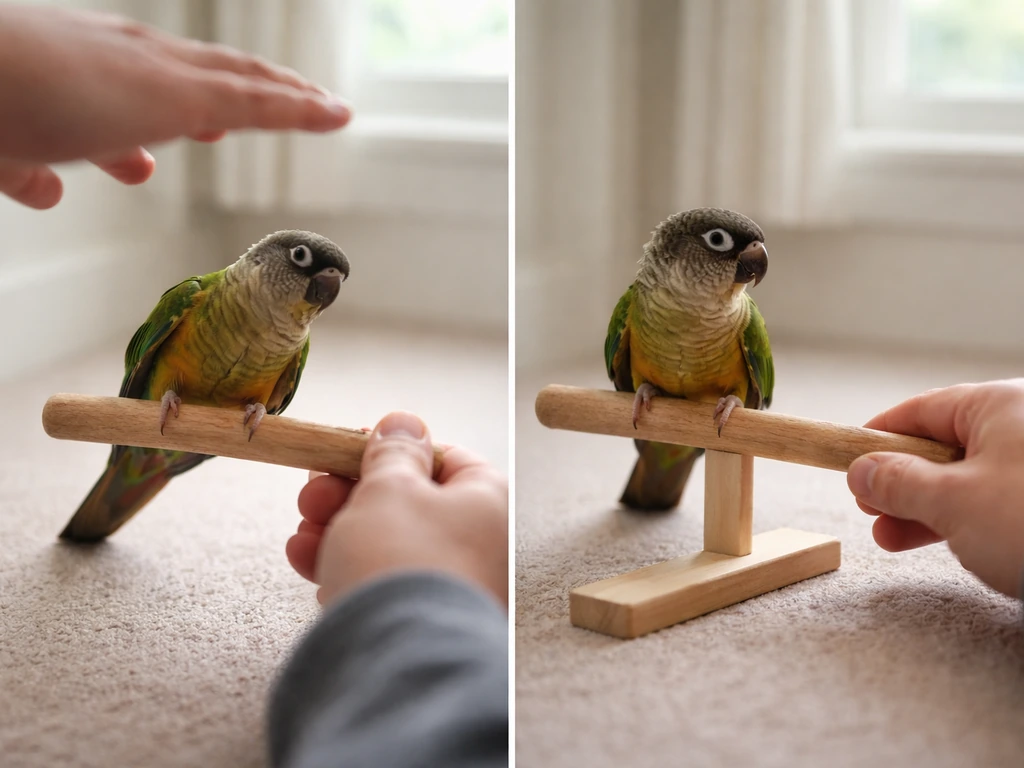 Small parrot refuses to step up on a perch as a hand approaches from too high vs side level.