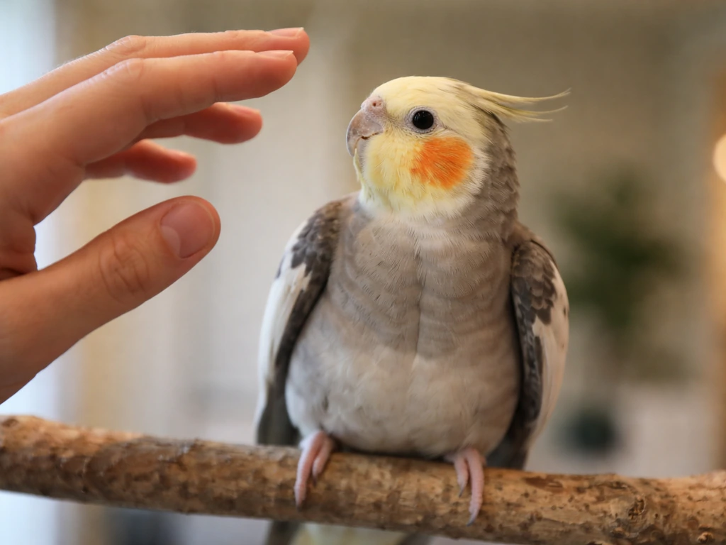 Close-up of a small pet bird leaning away with a tense posture during gentle hand petting
