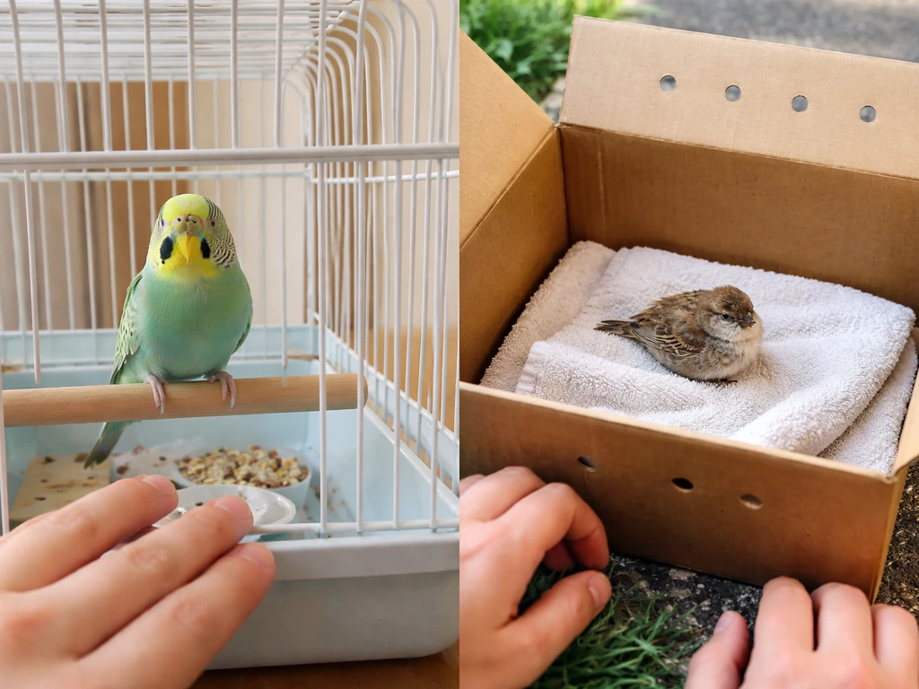 Split scene: calm pet bird with gentle hand nearby; wild bird in a box kept unhandled at a distance.
