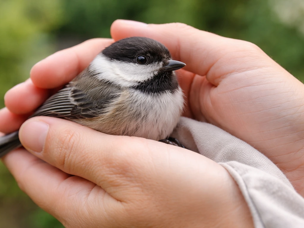 A small bird safely cradled in gentle hands, body supported under the chest and belly outdoors.