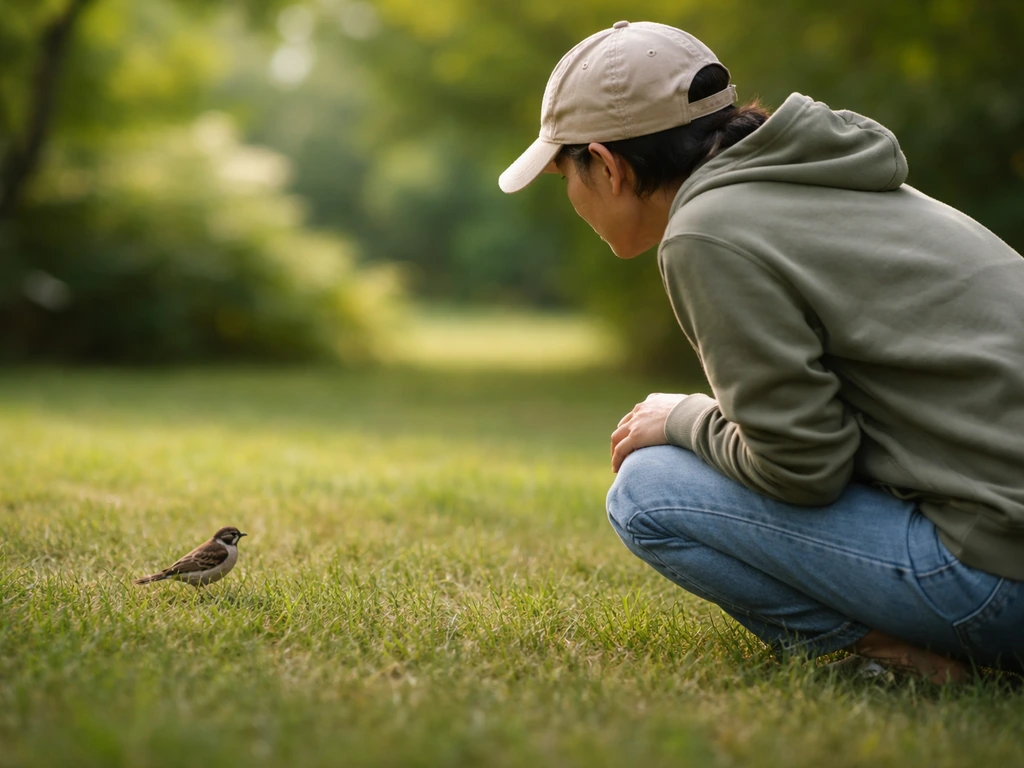 An anonymous person kneeling low beside a small bird on the grass, approaching calmly from the side.