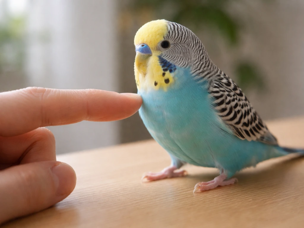 Person’s index finger gently touching a budgie’s lower chest above its feet for step-up.