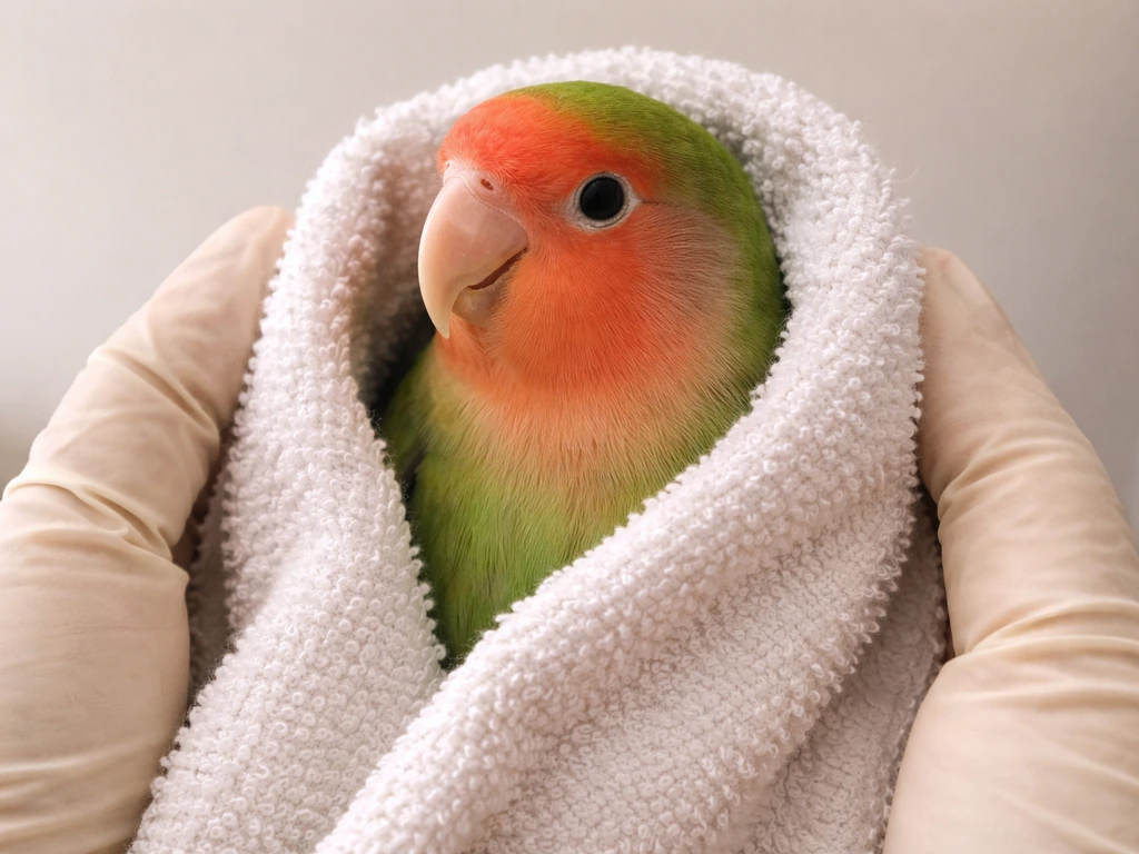 A small lovebird supported with a draped towel barrier to prevent biting.
