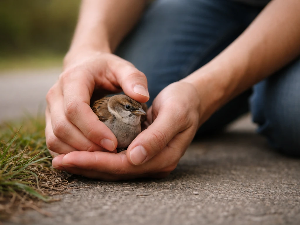 Crouching rescue moment: anonymous hands gently cradle a small bird on the ground, ready for a perch