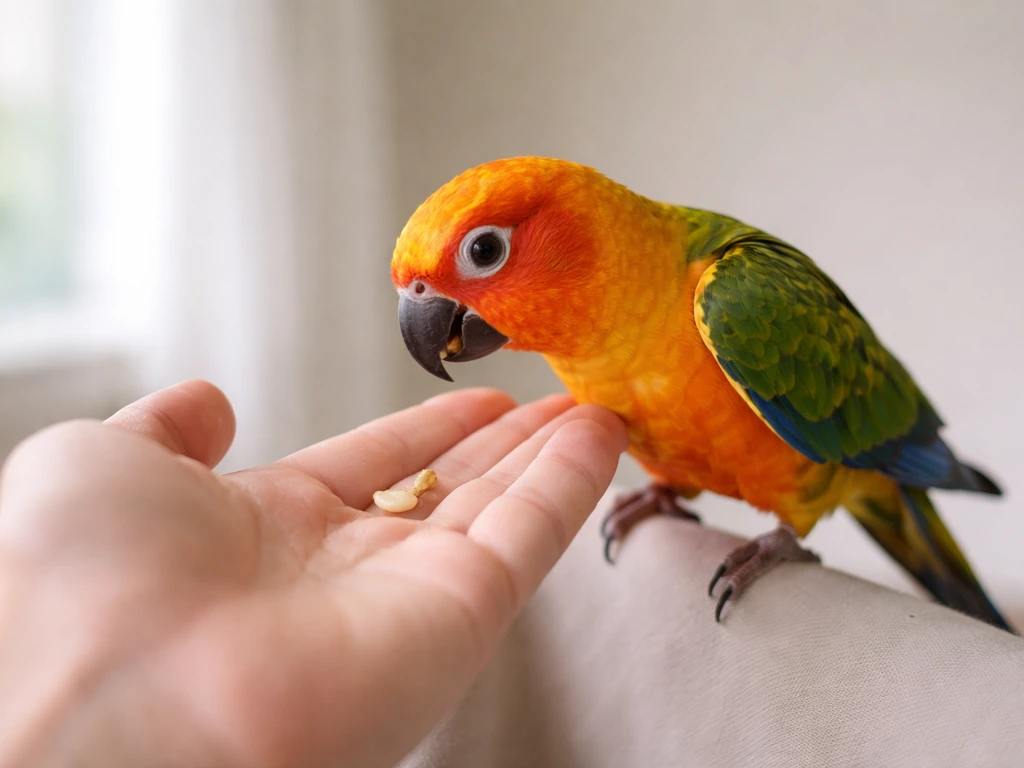 A small pet bird calmly approaches an open hand to take a treat in safe, relaxed body language.