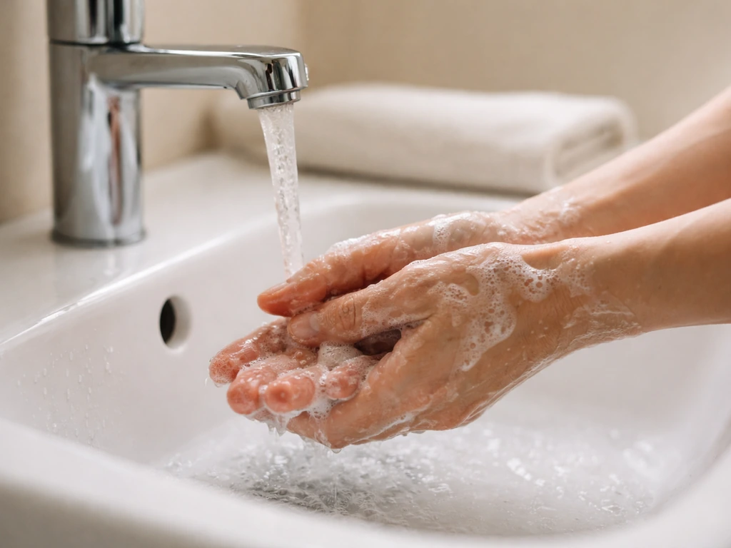 Close-up of hands washing with soap suds at a bathroom sink, showing basic hygiene precautions.