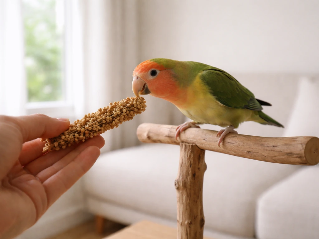 A person’s hand offers millet spray to a parrot from the bird’s eye level in a simple indoor setting