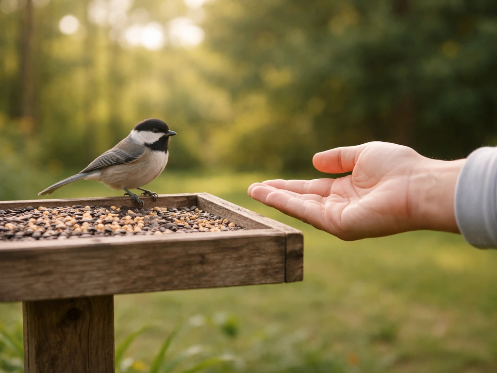 Small wild backyard bird perched by a feeder while a nearby open hand invites it closer.