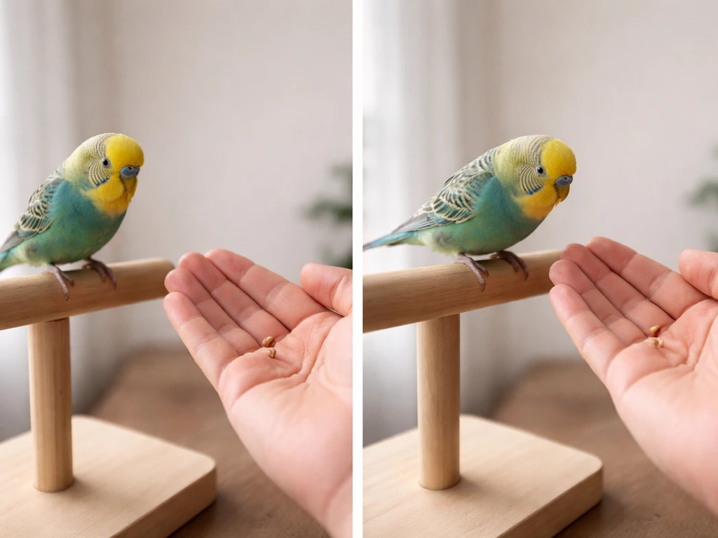 Small pet parrot reaching from open-hand feeding toward a nearby hand, showing training progression.