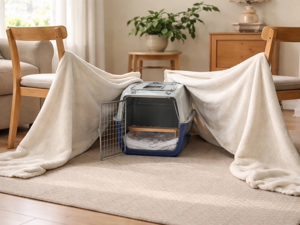 Open carrier with perch and gentle barrier setup in a quiet room, humane loose-bird catch setup.