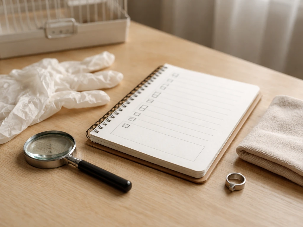 Close-up of a checklist page and bird banding signs beside a small pet-capture plan on a table