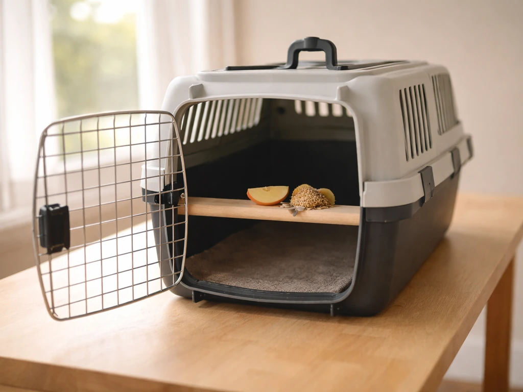 Open pet bird carrier on a table with a small perch and a calm lure inside