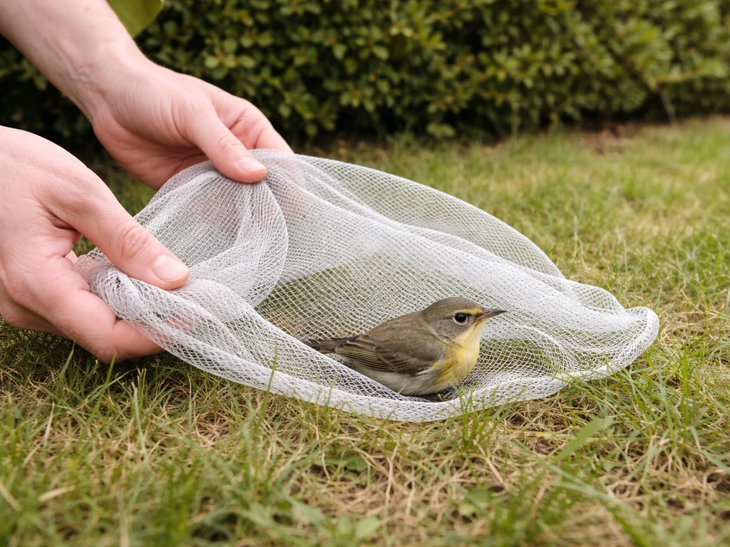 Person gently using a soft-mesh butterfly/bird net outdoors near a grounded wild bird.