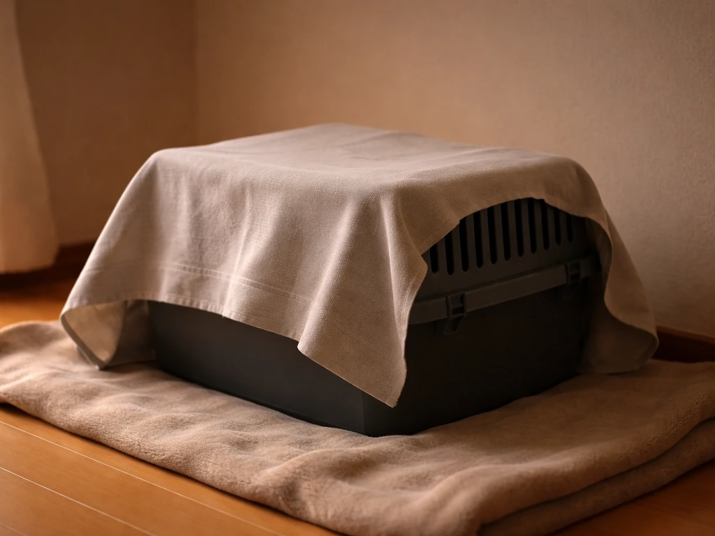 A small bird carrier covered with a light cloth in a dim, warm, quiet room