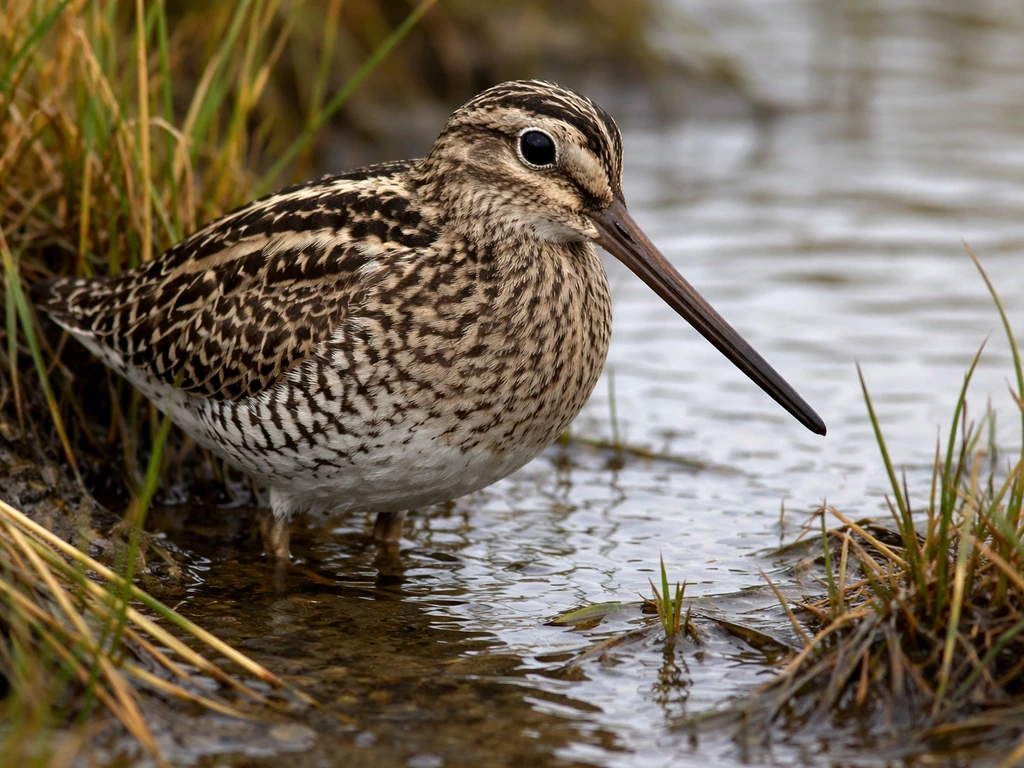 Wilson’s snipe standing in shallow muddy marsh water, streaked brown body and long bill visible.